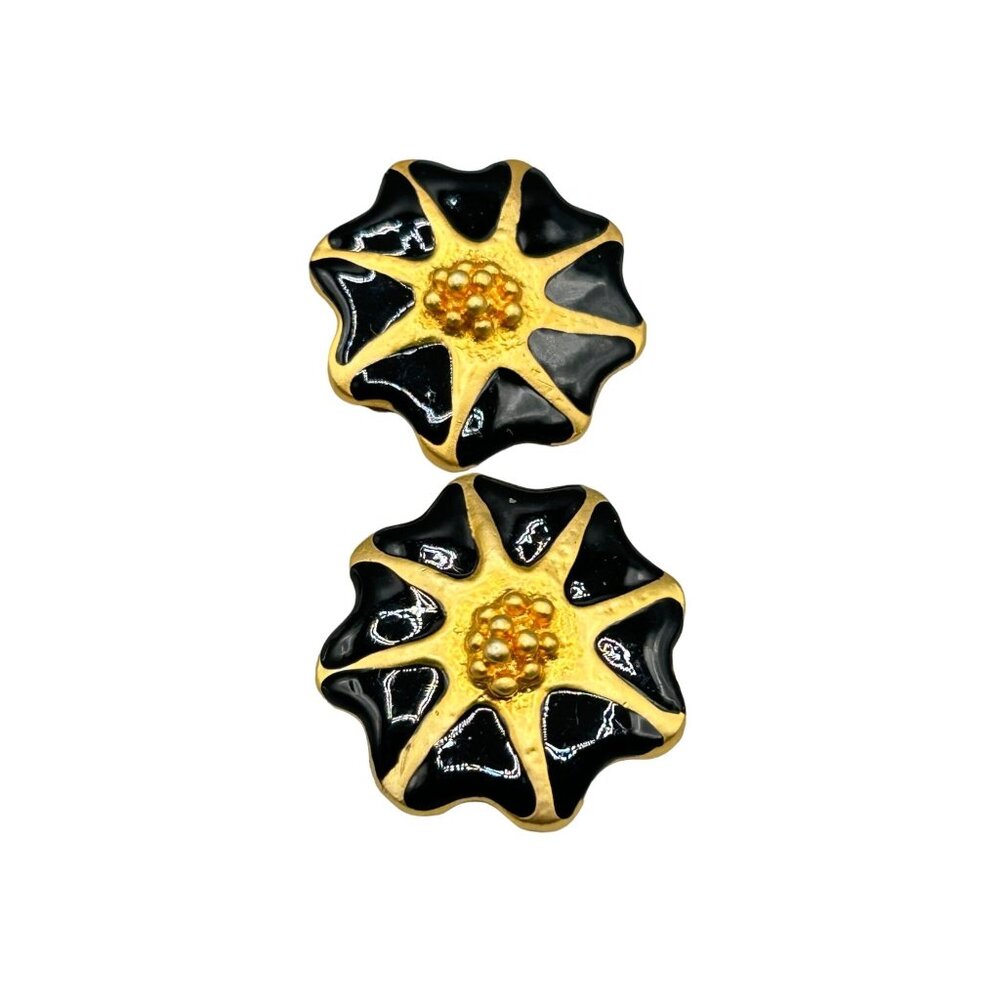 Vintage Flower Clip On Earrings Black Enamel & Gold Tone Starburst Design